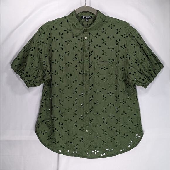 J.Crew Mozy Green Eyelet Top Sz 4 Puff Sleeve Boho Earthy Lagenlook Blouse - Picture 4 of 14